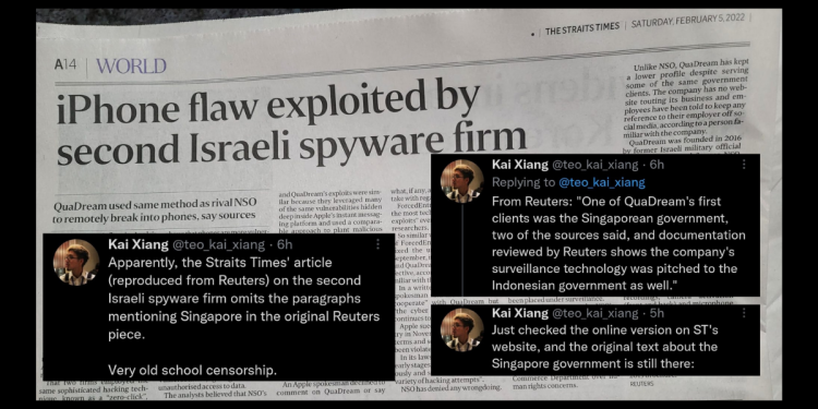 Straits Times republishes Reuters article on Israeli hacking but leaves out paragraphs on Singapore