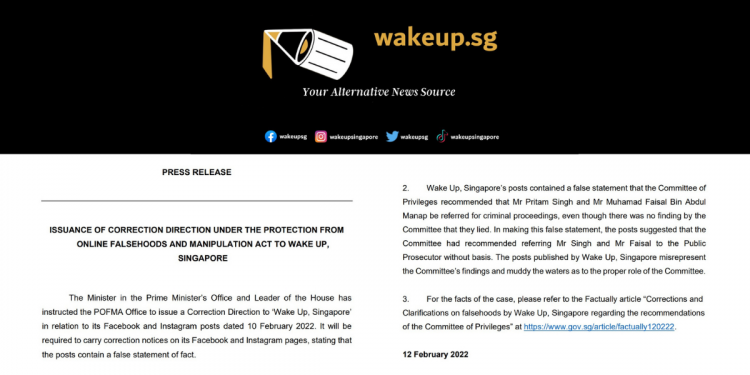 Wake Up Singapore has been POFMA-ed