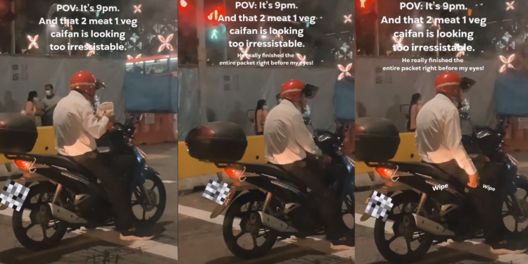 Motorcyclist hurriedly finishes entire packet of economic rice at traffic junction, netizens wonder if he is overworked