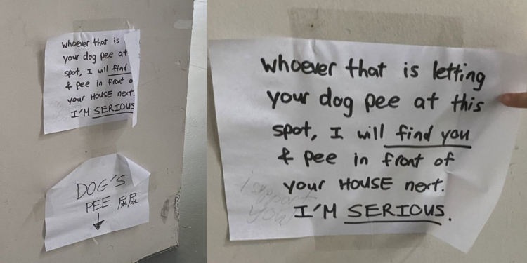 “I will find you and pee in front of your house next” – Dog pee at void deck causes resident to write angry note
