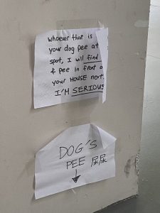 An angry note from a resident on dog pee at a HDB void deck in Ang Mo Kio